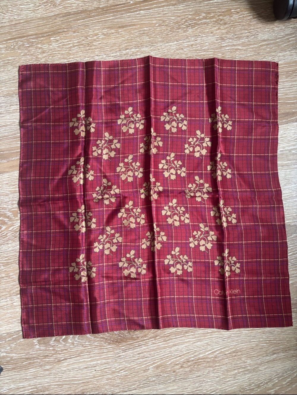 Calvin Klein vintage silk square scarf, red floral/plaid